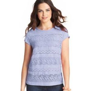 LOFT Petite Eyelet Stripe Sunwashed Tee, EUC